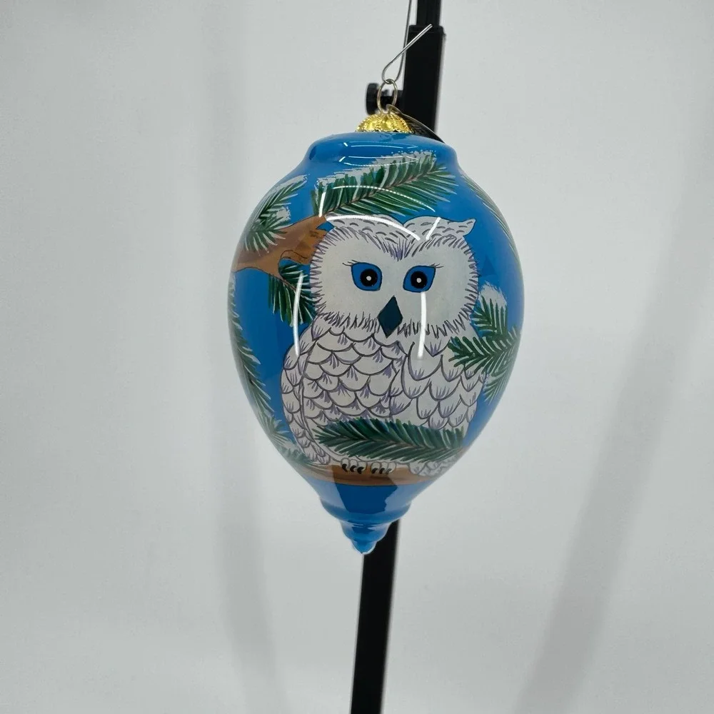 Pier 1 Li Bien Snow Owl Ornament 2015 Hand Painted Glass Blue Christmas Boxed